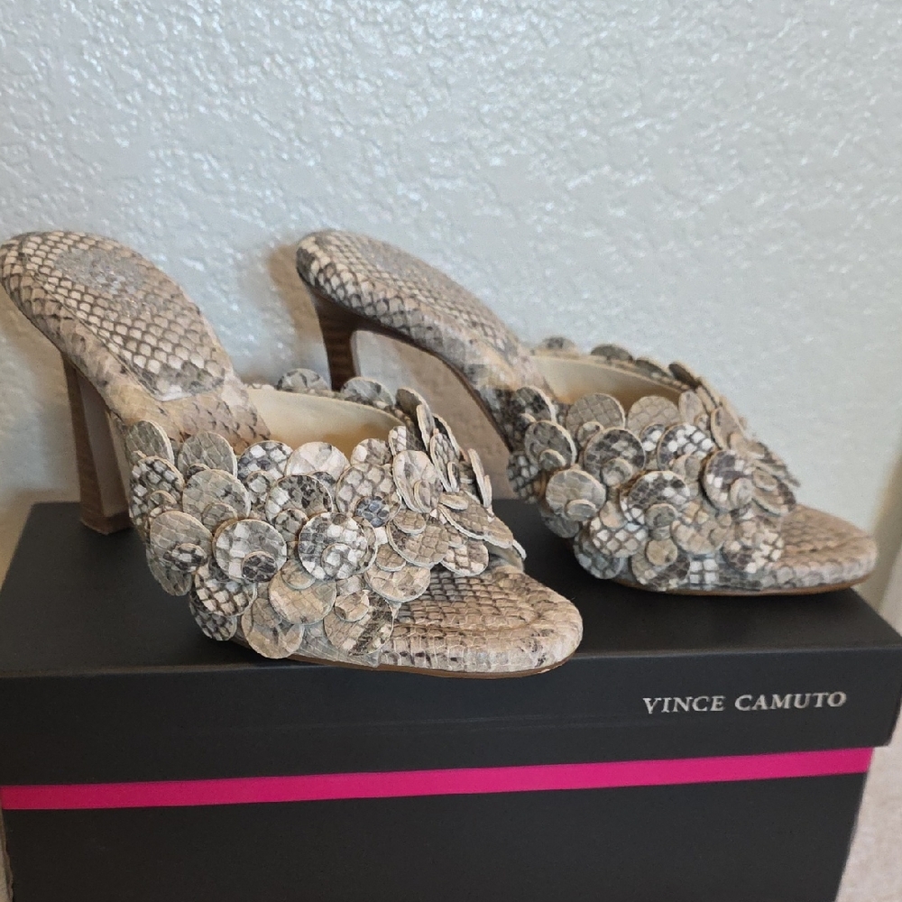 Vince Camuto Snakeskin Floral Heels - Cream